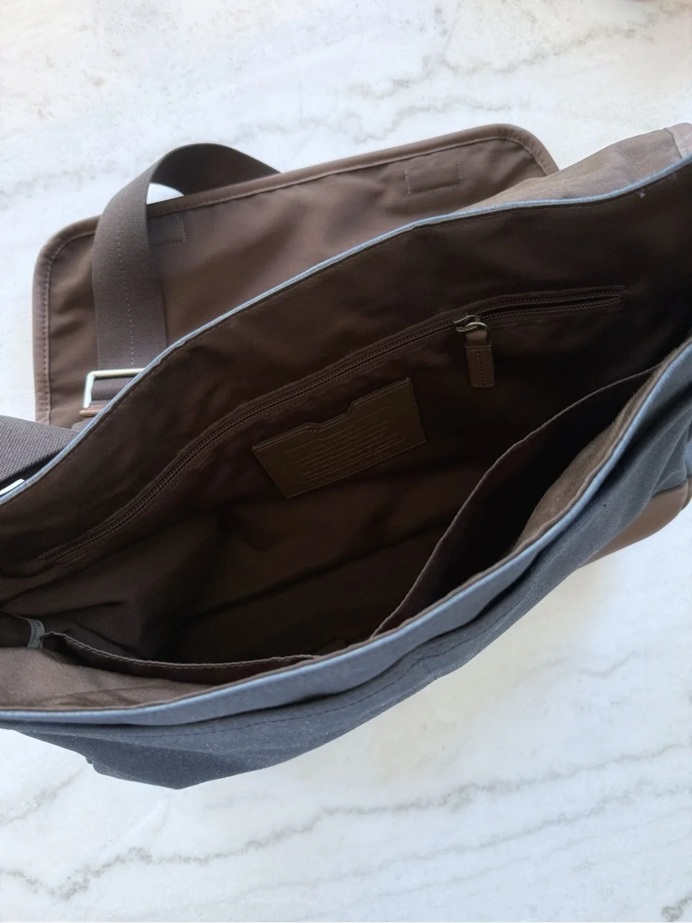 Coach Men's Navy Canvas Messenger Bag with Brown Leather Trim